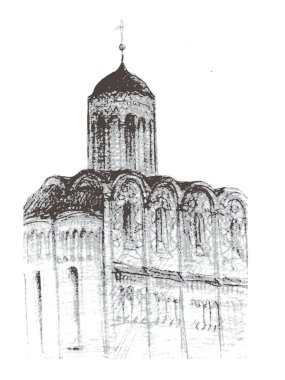 Vladimir şehrindeki Dmitry Katedrali 'nin vektör çizimi, klasik mimari taslak, kalemle çizilmiş ve incelenmiş.