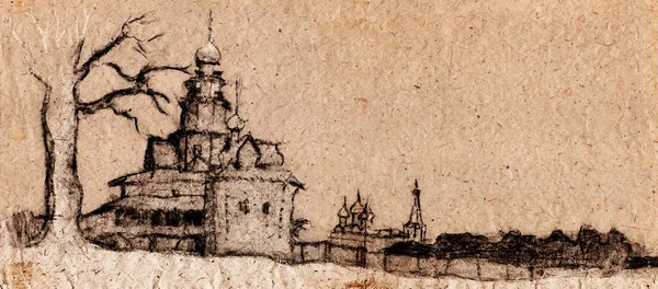 Paisagem Inverno Com Igreja Madeira Nas Tradições Construção Norte Russo — Fotografia de Stock