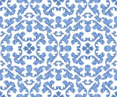 Beyaz arkaplanda mavi Barok parşömenleri, akanthus yaprakları ve çiçek elementlerinden vektör deseni