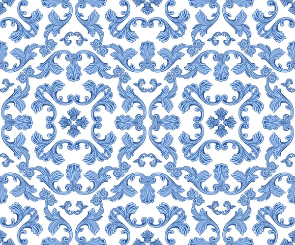 Patrón Sin Costura Vectorial Pergaminos Barrocos Azules Hojas Acanto Elementos — Archivo Imágenes Vectoriales