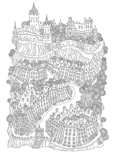 Векторний Фантастичний Пейзаж Казка Маленького Середньовічного Містечка Пагорбі Чорно Білі — стоковий вектор