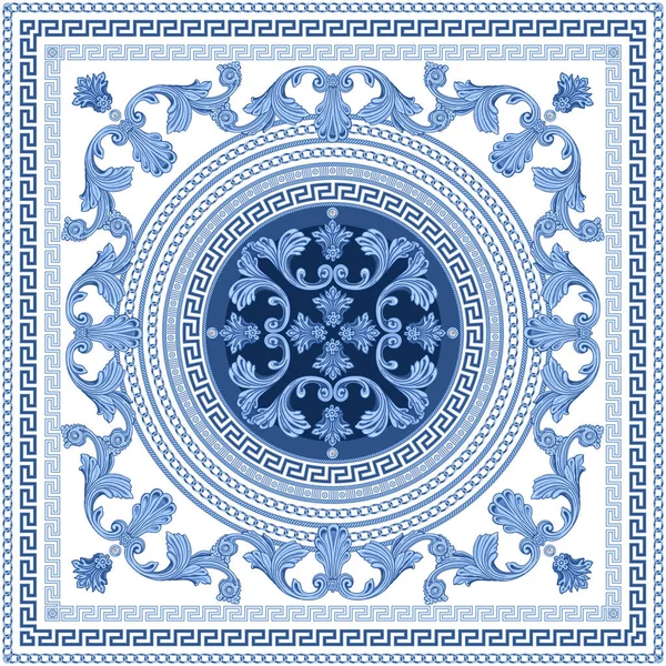 Rouleaux Baroques Bleus Frise Motif Clé Grecque Indigo Bordure Méandre — Image vectorielle
