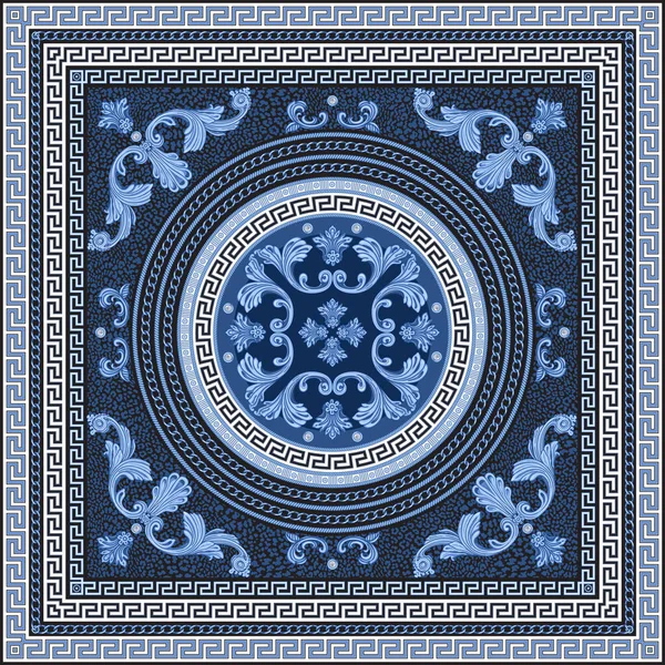 Rouleaux Baroques Bleus Frise Motif Clés Grecques Indigo Chaînes Argentées — Image vectorielle