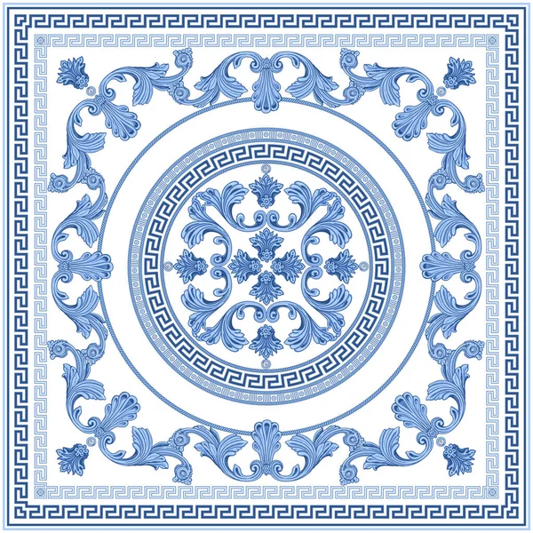 Châle Volutes Baroques Bleues Frise Motif Clé Grecque Indigo Bordure — Image vectorielle