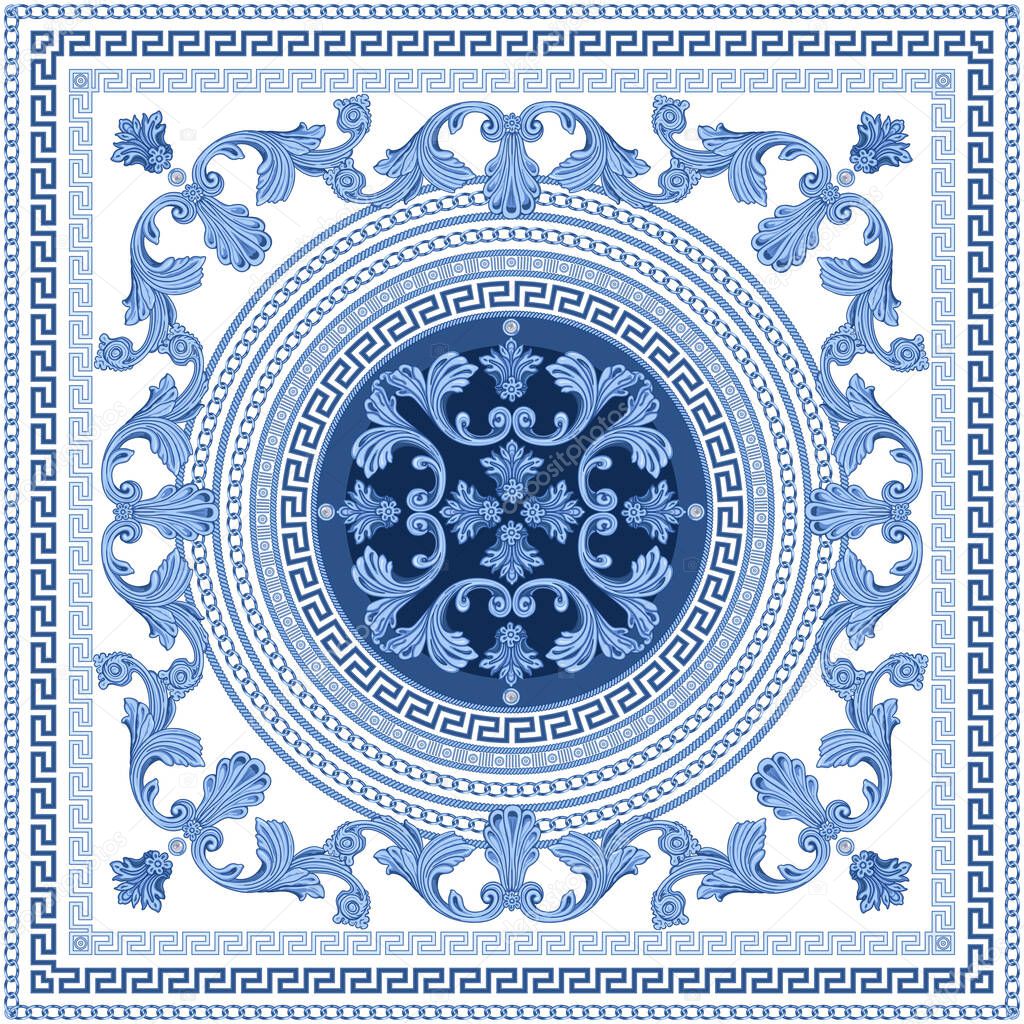Blue Baroque scrolls, indigo Greek key pattern frieze, meander border, floral swirls, dark blue rosette on a white background 