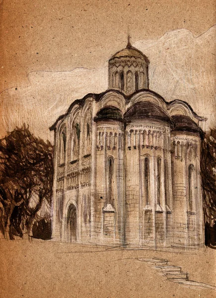 Cattedrale Dmitry Nella Città Vladimir Schizzo Architettonico Vintage Disegnato Matita — Foto Stock