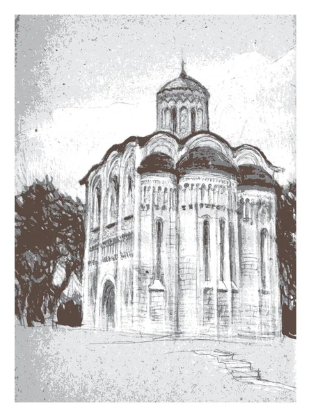 在弗拉迪米尔市的德米特里大教堂 用铅笔和粉刷画的古老建筑草图描绘了向量 — 图库矢量图片