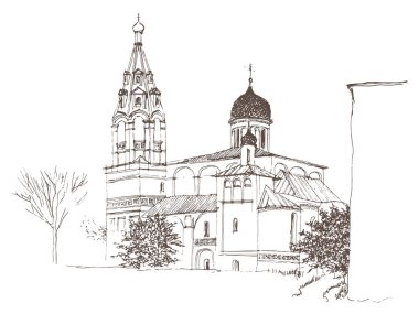 Klasik kahverengi mürekkep ve kalem el çizimi. Vektör doğrusal çizim, eski Rus tarzında soğan kubbesi olan bir kilise ve kalça çatılı bir çan kulesi. 