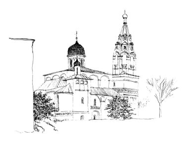 Vektör doğrusal çizim yaptı. Eski Rus tarzında bir kilise. Soğan kubbesi ve yüksek çatılı bir çan kulesi var. Klasik siyah mürekkep ve kalem elle çizilmiş manzara