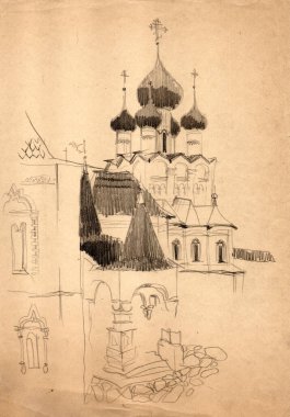 Rostov Kremlin 'in mimari manzarası. Çadır çatılı taş veranda. Soluk bej kağıda tek renkli kalem çizimi