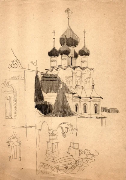 Architekturlandschaft Mit Dem Rostower Kreml Steinveranda Mit Zeltdach Einfarbige Bleistiftzeichnung — Stockfoto