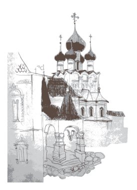 Mimari manzara, Rostov Kremlin 'in arka bahçesi, kalça çadırı olan taş veranda, fıçı kolon atari salonu. Kahverengi ve gri vektörlü kalem çizimi 