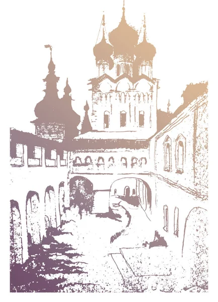 俄罗斯罗斯托夫克里姆林宫的建筑风格景观 金色矢量跟踪绘图 — 图库矢量图片