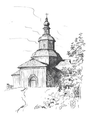 Ukrayna geleneklerine göre eski ahşap kilise. Siyah ve beyaz vektör mimari manzarayı izledi 