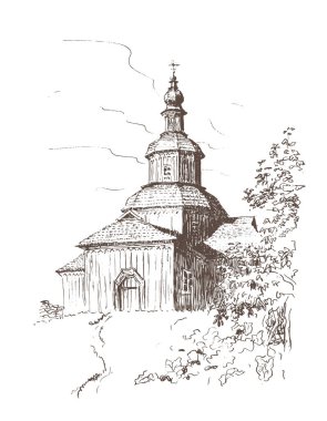 Ukrayna geleneklerine göre eski ahşap kilise. Kahverengi renkli vektör mimari manzaranın izini sürdü 