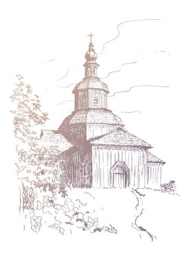 Ukrayna geleneklerine göre eski ahşap kilise. Altın renkli vektör mimari manzaranın izini sürdü 