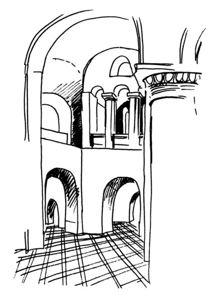 Mano Dibujada Por Rotulador Pluma Dibujo Interior Antigua Iglesia Ortodoxa — Vector de stock
