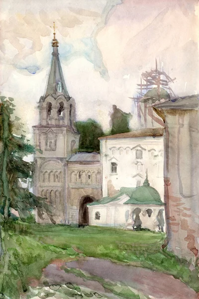 水彩画与修道院后院落的传统俄罗斯古城建筑风格 — 图库照片