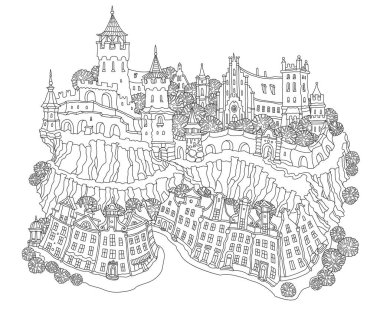 Vector fantezi manzarası, peri masalı küçük kasaba sokağı, tepedeki ortaçağ kalesi. Siyah beyaz yetişkinler ve çocuklar Kitap Boyama sayfası 