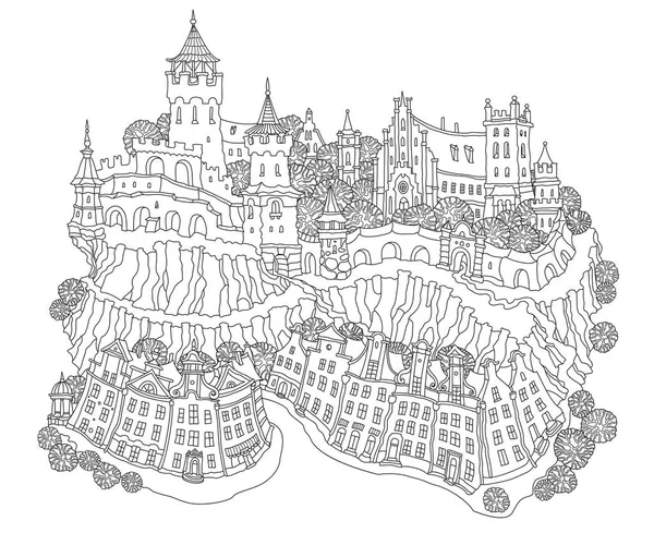 Διάνυσμα Τοπίο Φαντασίας Παραμύθι Μικρό Δρόμο Της Πόλης Μεσαιωνικό Κάστρο — Διανυσματικό Αρχείο