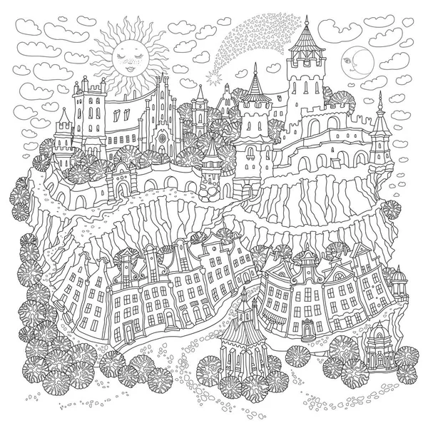 Векторний Контур Фантастичний Пейзаж Казка Маленька Міська Вулиця Середньовічний Замок — стоковий вектор