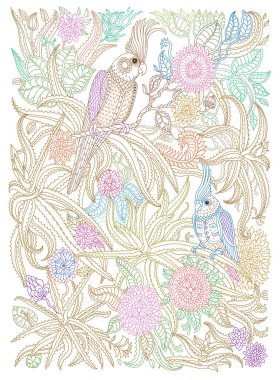 Peri masalı papağan kuşları, harika çiçekleri, aloe dalları, siyah arka planda yaprakları var. Renkli ince çizgi. Yetişkinler ve çocuklar kitap sayfasını boyuyor