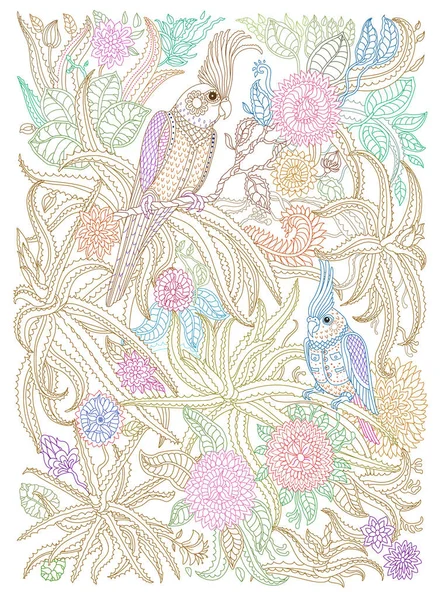 Peri masalı papağan kuşları, harika çiçekleri, aloe dalları, siyah arka planda yaprakları var. Renkli ince çizgi. Yetişkinler ve çocuklar kitap sayfasını boyuyor