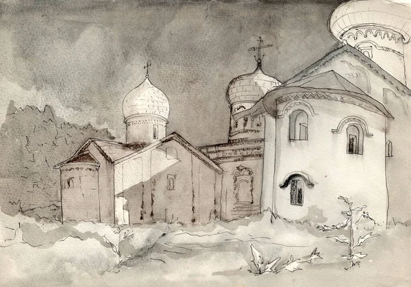 Gammal Klosterkyrka Pskov Ryssland Arkitektonisk Vintage Skiss Ritad Penna Brunt — Stockfoto