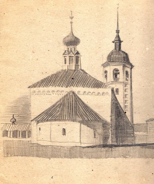 베지에서 연필로 빈티지 풍경은 집들이 양식의 러시아 교회와 종이를 질감했다 — 스톡 사진