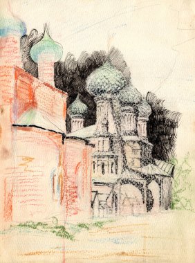 Rusya 'nın Yaroslavl kentindeki John Chrysostom Kilisesi' nin kalemlerle boyanmış mürekkep ve kalemle çizilmiş manzarası. 