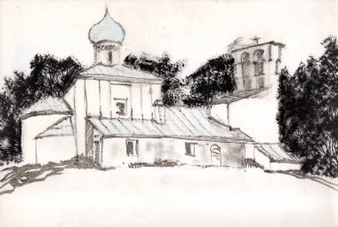 15. yüzyıldan kalma Pskov, Rusya 'daki Yükseliş Kilisesi. Mimari eskiz mürekkep, kuru fırça, kalem ve renkli pastel boyalarla çizilmiş.