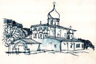 Pskov, Rusya 'da 16. yüzyıldan kalma Diriliş Kilisesi. Mimari eskiz mürekkep, fırça ve kalemle çizilmiş. 