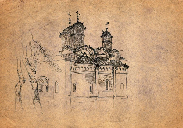 Old abandoned church covered with birds in the city of Suzdal.Vintage felt tip pen drawn landscape on old faded paper