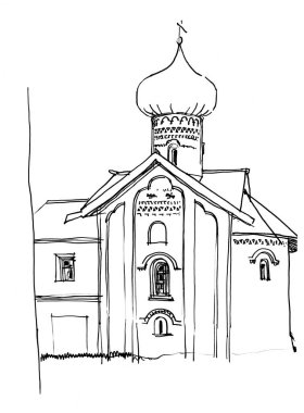 Mürekkep ve kalemle çizilmiş mimari eskiz. Büyük Novgorod şehrindeki Zverev Manastırı 'ndaki Tanrı-Alıcı Simeon Kilisesi. 