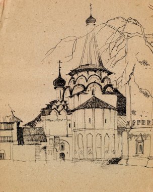 Mimari mürekkep ve eski Rus kilisesinin kokoshnikli, kalça çatılı ve soluk el işi kağıdındaki ahşap kiremitli çizimi.