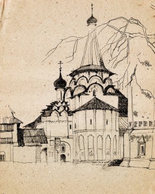 Mimari mürekkep ve eski Rus kilisesinin kokoshnikli, kalça çatılı ve soluk el işi kağıdındaki ahşap kiremitli çizimi.