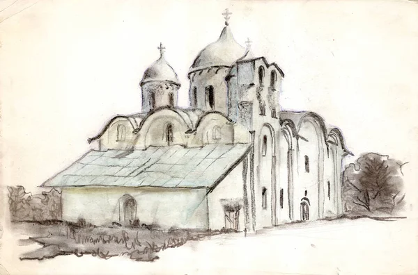 俄罗斯普斯科夫市伊凡诺夫斯基修道院的一座古老教堂 有传统钟楼墙 水彩画和彩色蜡笔画 — 图库照片