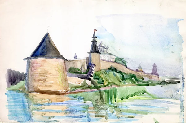 Watercolor Landscape Aged Beige Paper View Ancient Medieval Kremlin Castle — Stock Photo, Image