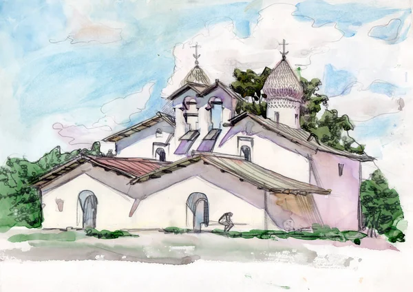 俄罗斯普斯科夫市Breach教堂的一个带有传统钟楼墙的古代尼科拉教堂 水彩画草图 — 图库照片