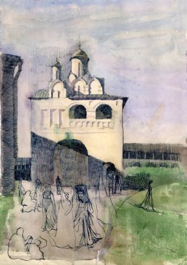 Rusya 'nın Suzdal kentindeki Pokrovsky Manastırı' nın antik Annunciation Kilisesi 'nin fantezi manzarası. Kapı, arka bahçe patikası ve rahibeler.