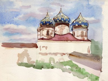 Suluboya mimari eskiz. Velikiy Novgorod 'daki Yuriev Manastırı, Kutsal Haç Katedrali