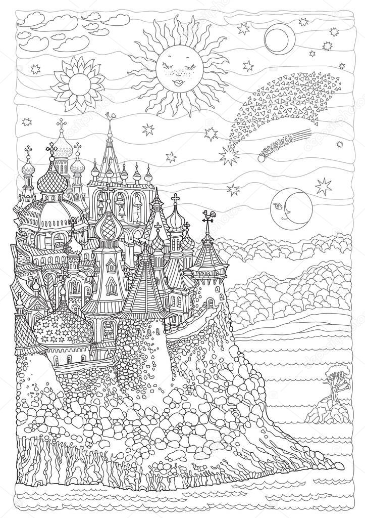 Vector cartoon fairy tale Russian medieval castle town. Adults and children coloring book page