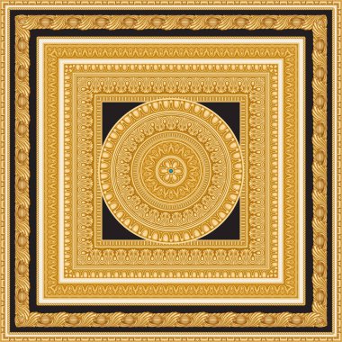 Bej ve siyah arkaplanda bandana izi, altın kablolar, Yunan yaprağı fırçası, meşe palamudu kenarı, parşömenler. Palette 6 desenli fırçalar