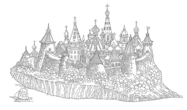 Vector Dibujos Animados Cuento Hadas Medieval Ciudad Castillo Isla Rusa — Vector de stock