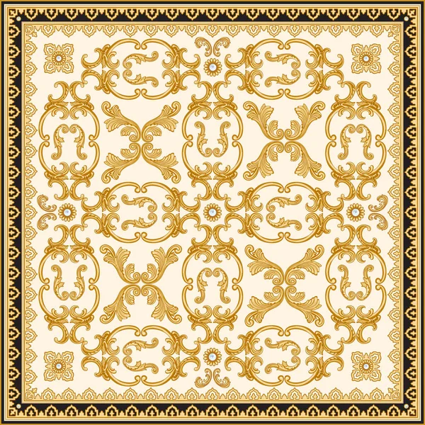 Barok parşömenleri damask desenli, bej bir arka planda altın doğulu kemer sürtünmesi. Atkı, bandana izi, kare cep menzili, halı. Bir fırça paletinde 3 desenli fırça