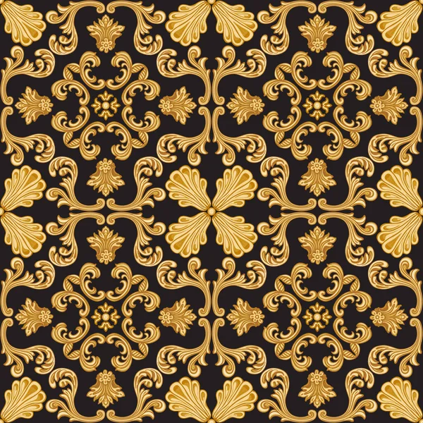 Vector Damask Seamless Pattern Golden Baroque Scrolls Acanthus Leaf Black — Vettoriale Stock