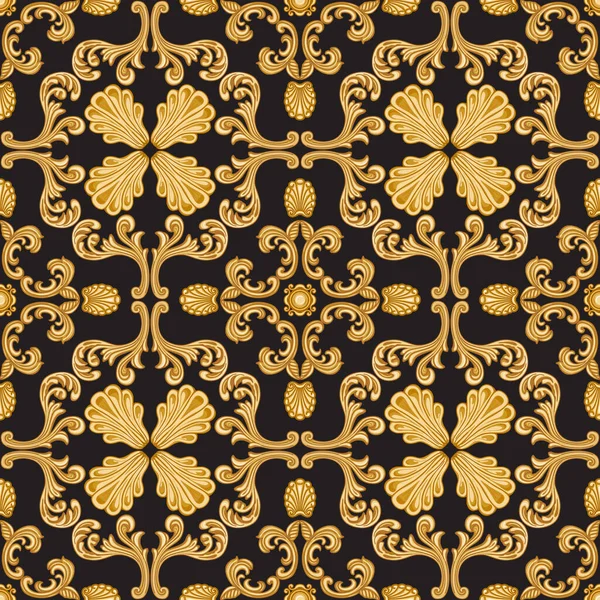 Vector Damask Seamless Pattern Golden Baroque Scrolls Acanthus Leaf Black - Stok Vektor