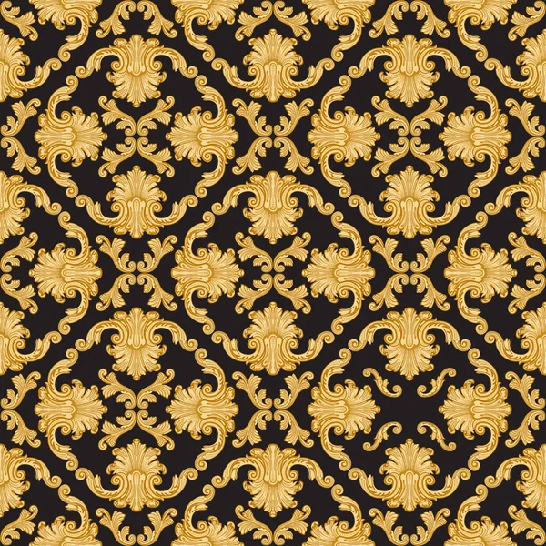 Vector Damask Seamless Pattern Golden Baroque Scrolls Black Background Scarf — Vector de stock