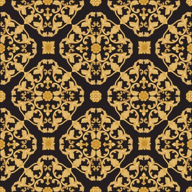 Altın Barok parşömenlerindeki siyah arkaplandaki vektör Damask kusursuz desen. Eşarp, bandana, fular, ipek baskı tasarımı, duvar kağıdı, ambalaj kağıdı.