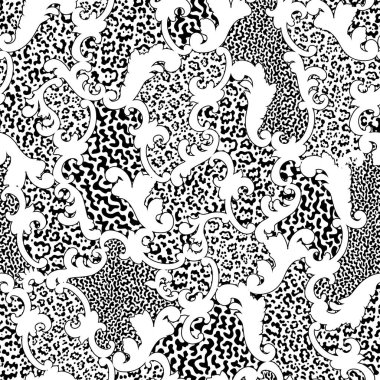 Gümüş renkli Barok parşömenlerindeki kusursuz desen ve siyah beyaz leopar derisi üzerinde yapraklar. Eşarp, atkı, mendil, ipek baskı tasarımı, batik duvar kağıdı, ambalaj kağıdı. 